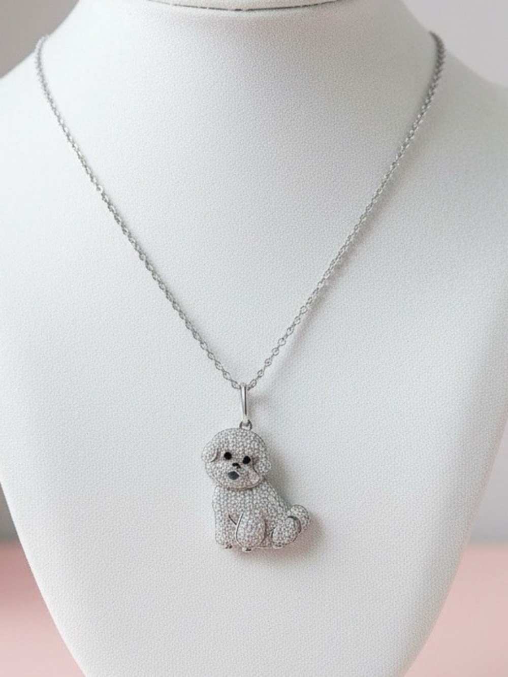 NWT Silver Iced Out Bichon Frize Cubic Zirconia Pendant Necklace Glam Dog Mom